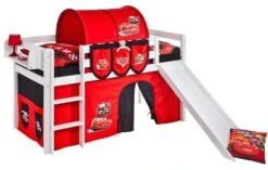 Lit Mezzanine Blanc Avec Toboggan Et Rideau Rouge Disney Cars 90x190 Cm