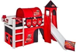 Disney Cars Lit Surélevé Toboggan Blanc Laqué Avec Tour Et Rideau Cars 90x190 Cm